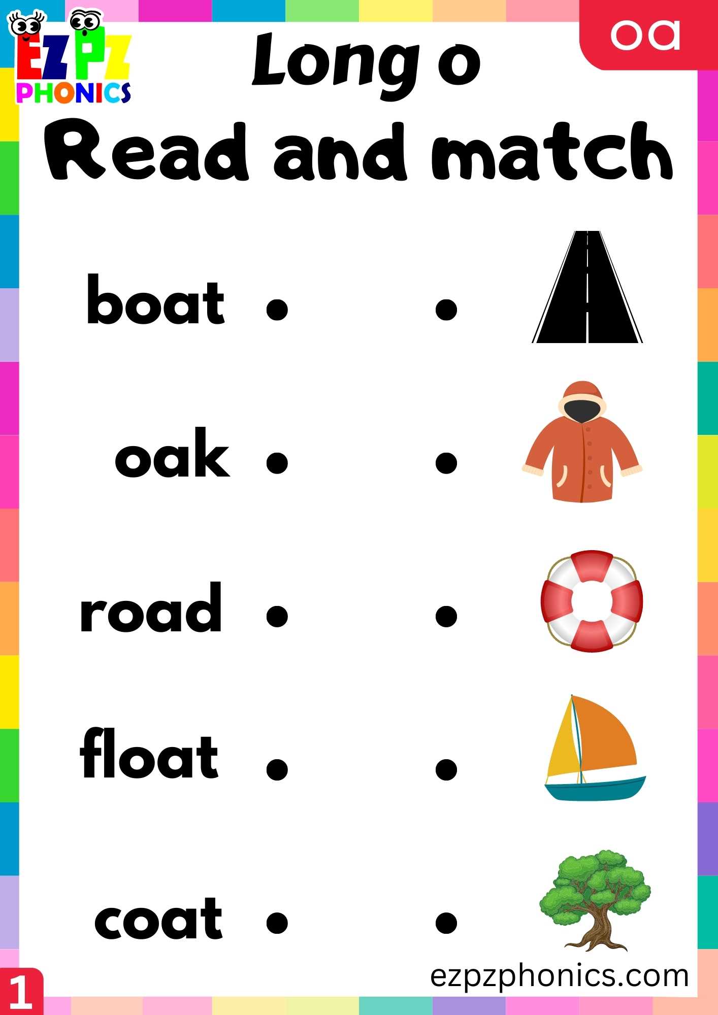 Group1 OA Words Read And Match Long O Phonics Worksheet